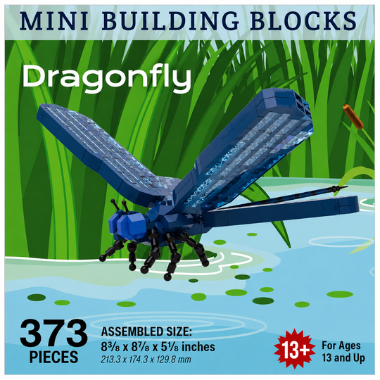 Front packaging artwork for a mini building blocks set featuring a dragonfly. The box art shows a blue and black block-built dragonfly over green reeds and light blue water, with text reading &