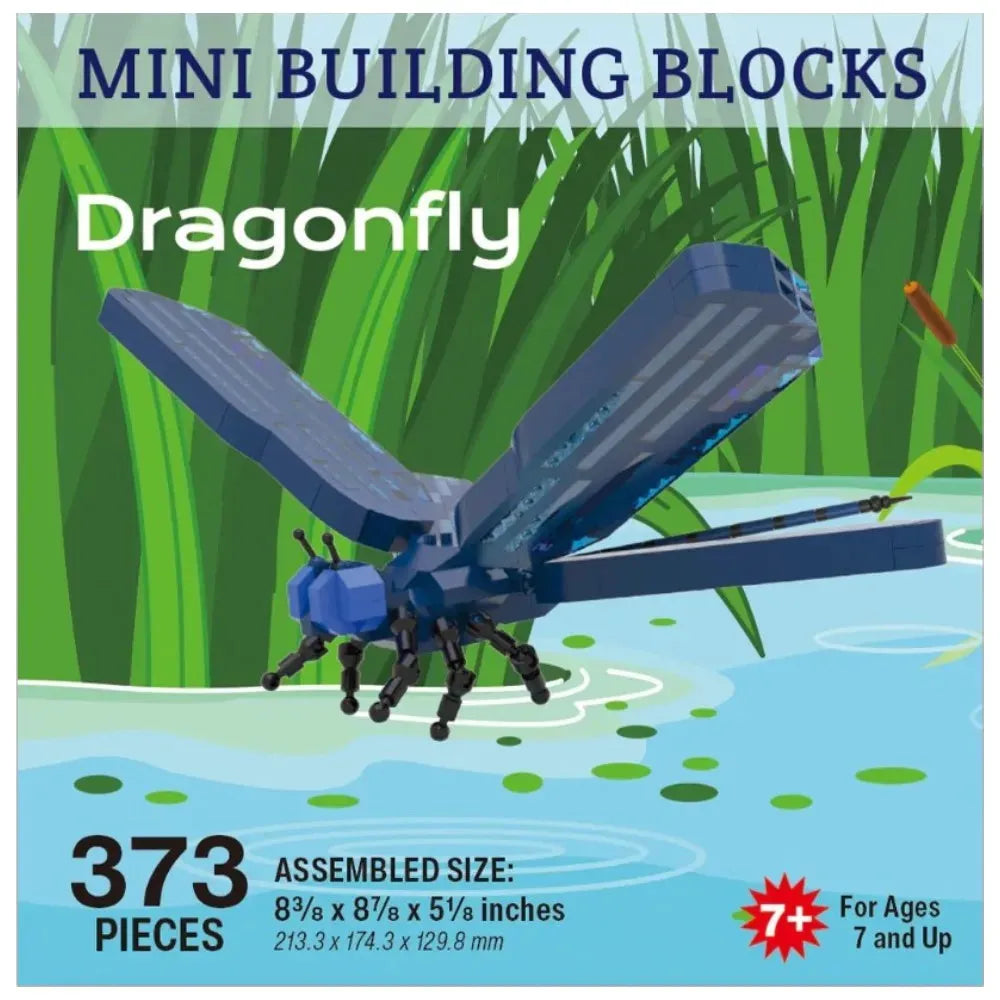 Dragonfly building block set packaging with assembly details and age recommendation.