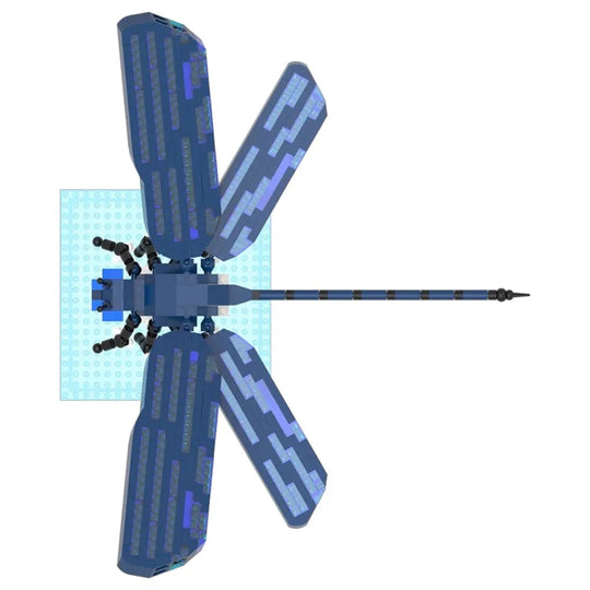 Blue dragonfly toy with a light blue base on a white background