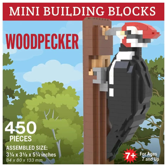 Woodpecker building block set packaging with trees and sky in the background