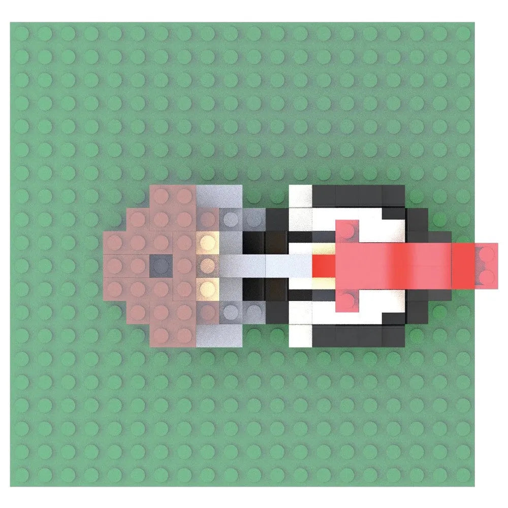 Pixelated image made of interlocking bricks on a green polka dot background
