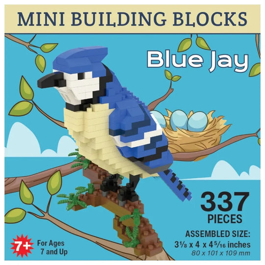 Mini building blocks set of a Blue Jay on a branch with a nest and eggs, packaging indicates 337 pieces.