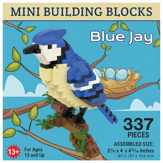 Box cover for a mini building blocks set featuring a blue jay bird constructed from blue, white, black, and beige blocks, perched on a branch with a nest and eggs. Text reads &