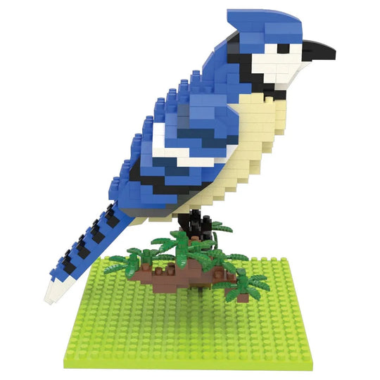 Blue Jay bird made of interlocking bricks on a green baseplate