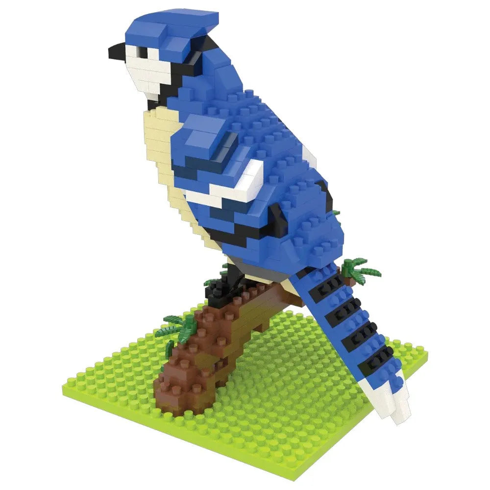 Blue Jay bird figurine made of interlocking bricks on a green baseplate.
