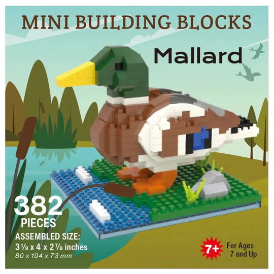 Mini building blocks set of a mallard duck on a nature-themed box
