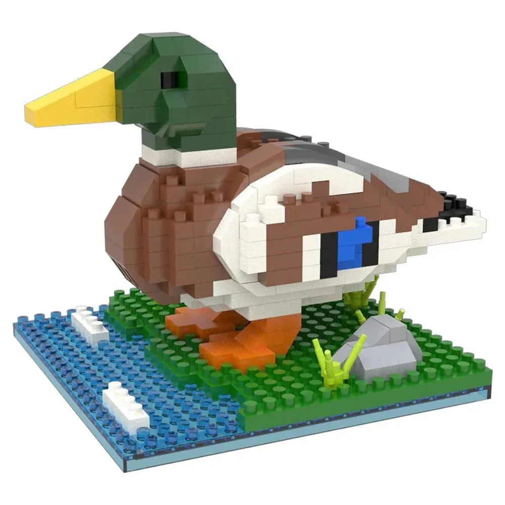 Toy duck made of interlocking bricks on a white background