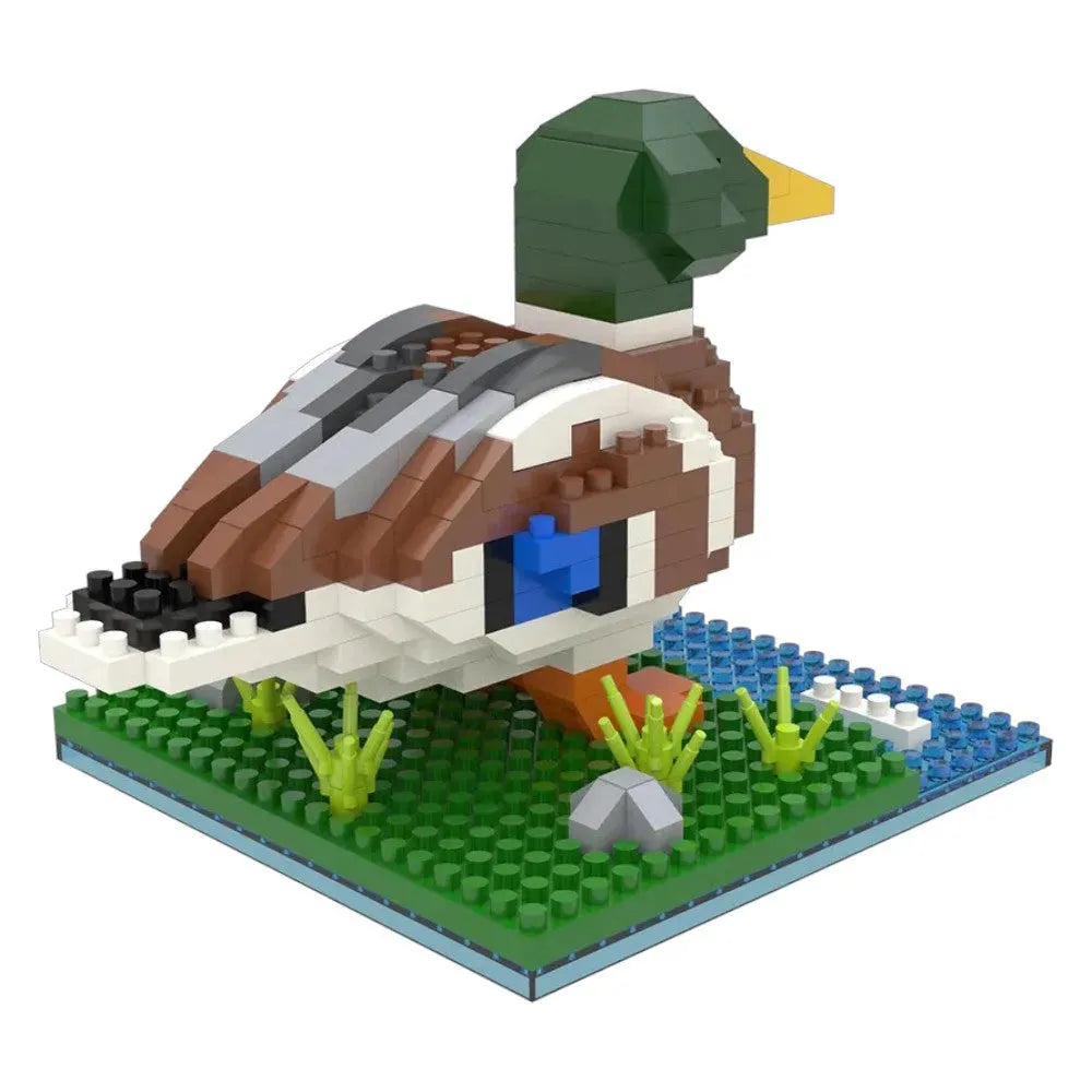 Toy duck made of interlocking bricks on a white background