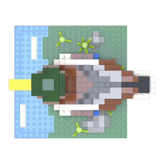 Toy figure made of interlocking bricks on a patterned background