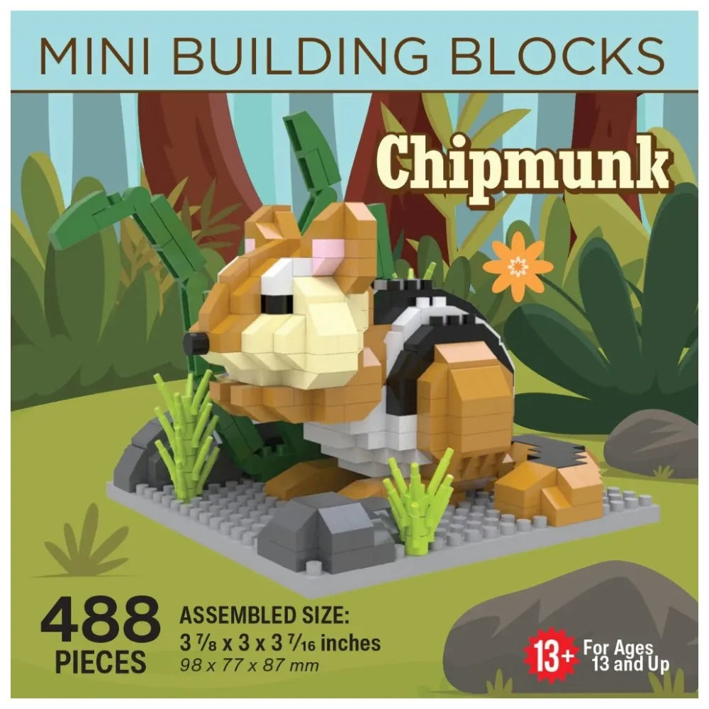 Box of mini building blocks shaped like a chipmunk with jungle background