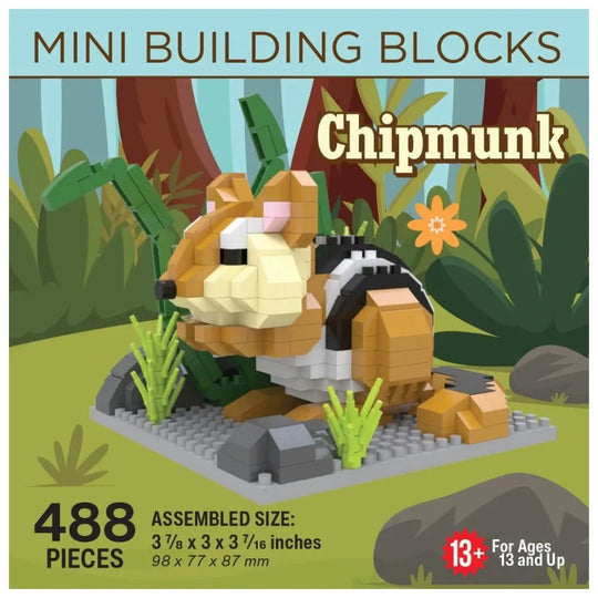 Box of mini building blocks shaped like a chipmunk with jungle background