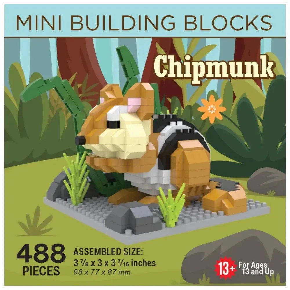 Box of mini building blocks shaped like a chipmunk with jungle background