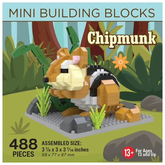 Box of mini building blocks shaped like a chipmunk with jungle background