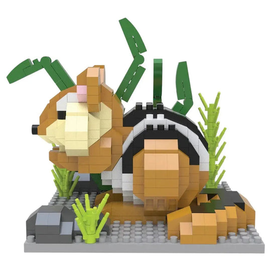 Toy figure of a chipmunk made from interlocking bricks on a white background