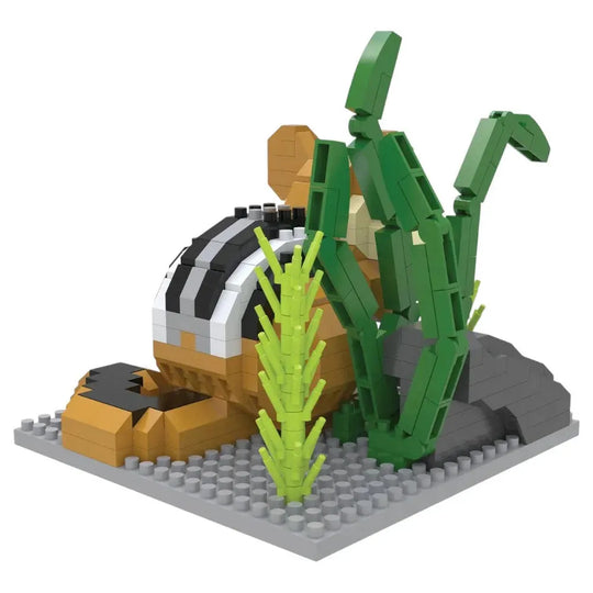Toy chimunk model made of interlocking bricks on a white background