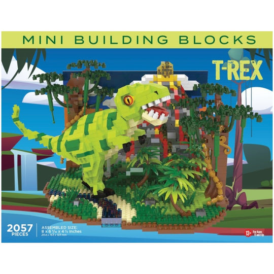 Box of mini building blocks with a T-Rex model and jungle scene