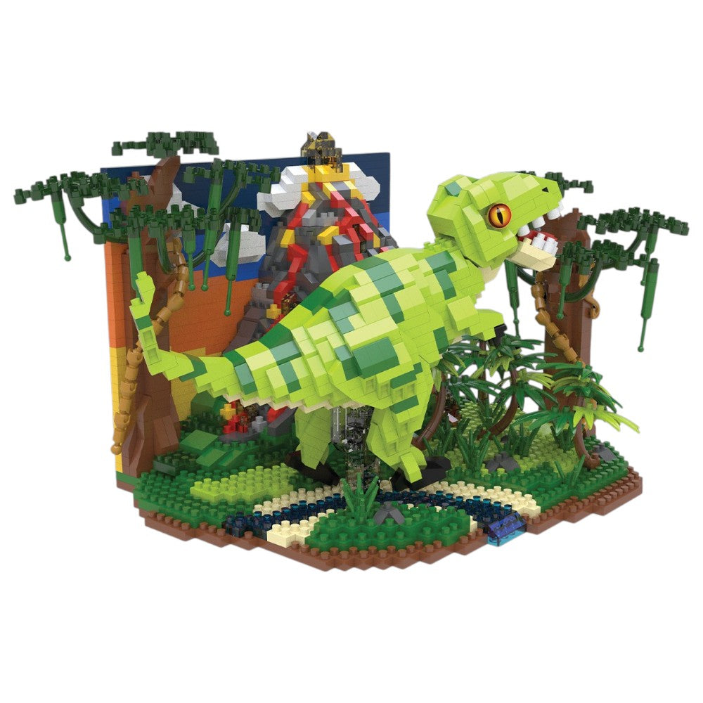 Toy dinosaur model made of interlocking bricks on a white background