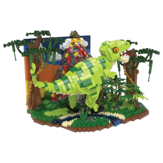 Toy dinosaur model made of interlocking bricks on a white background