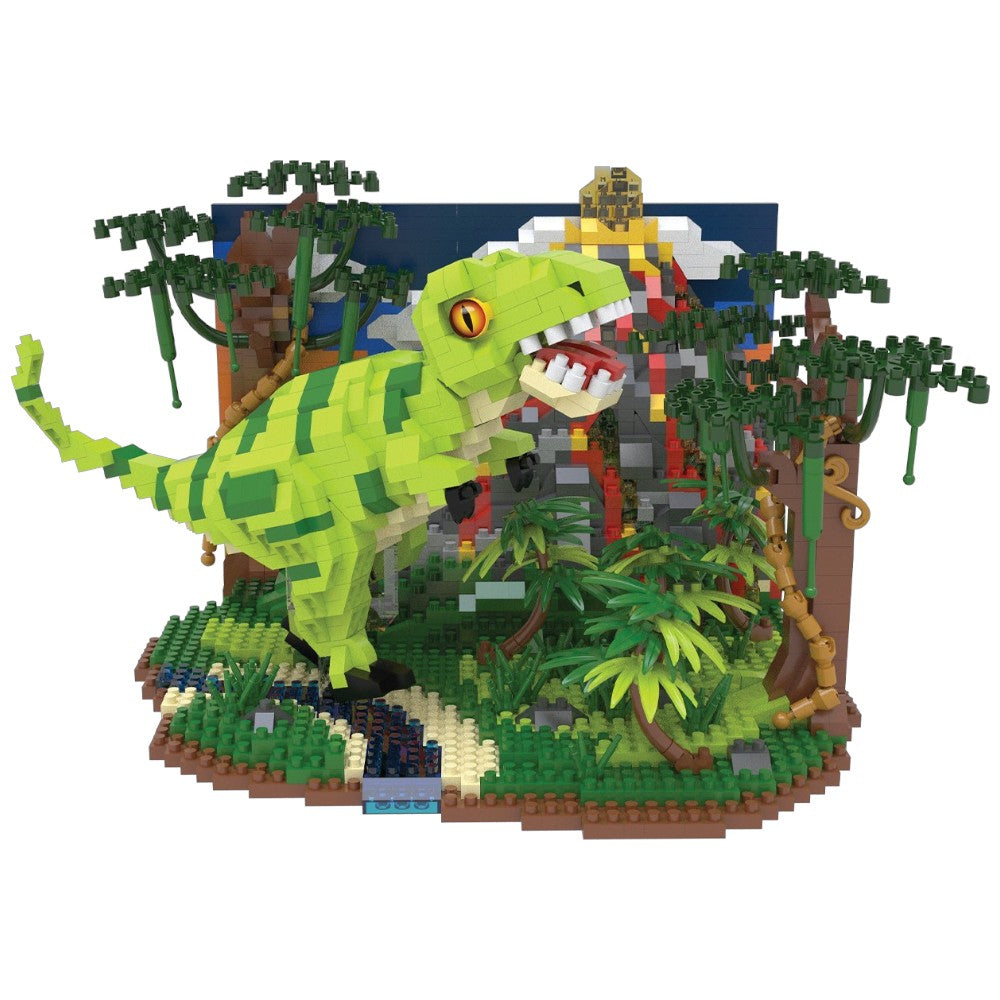 Toy dinosaur model with jungle scene made of interlocking bricks on a white background