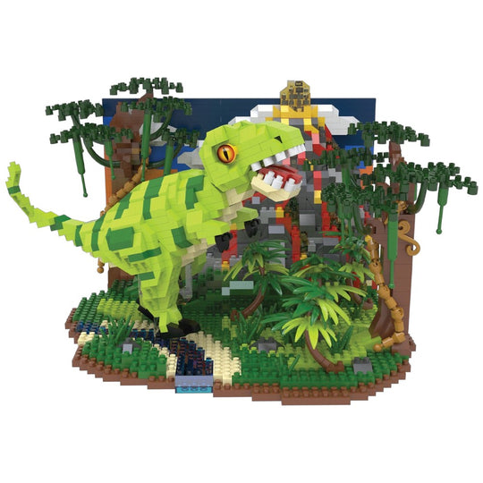 Toy dinosaur model with jungle scene made of interlocking bricks on a white background
