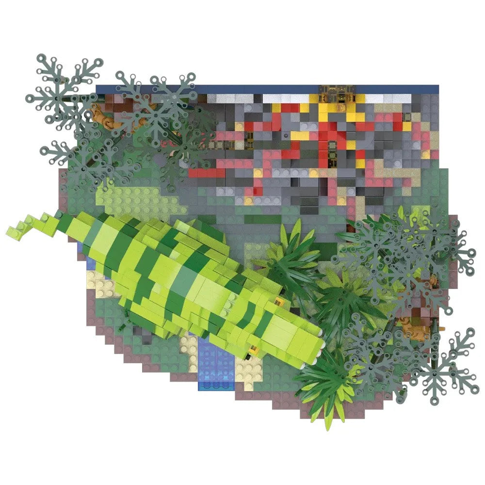 Toy dinosaur made of interlocking bricks in a pixelated forest setting