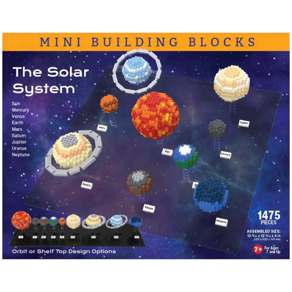 Mini building blocks set depicting the solar system with colorful planets on a space-themed background.