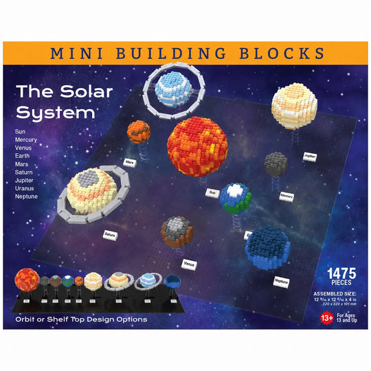 Box front for a mini building blocks set titled "The Solar System," showing assembled planet models on a dark space background with text listing included planets and 1475 pieces.
