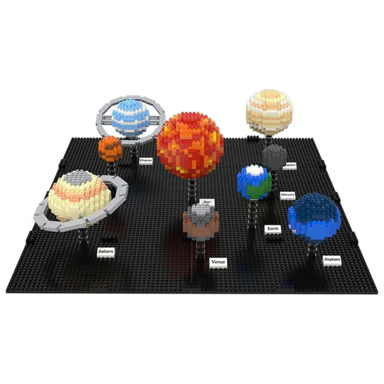 Model of the solar system made from interlocking bricks on a black baseplate.
