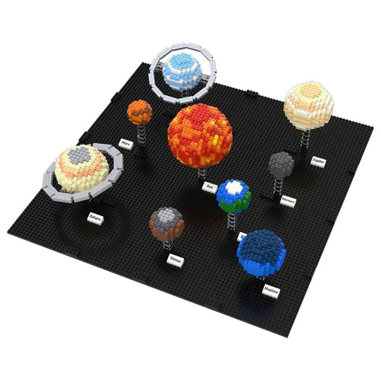 Model of planets on a black baseplate with labels