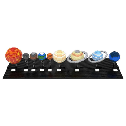 Model of the solar system made from interlocking bricks on a white background