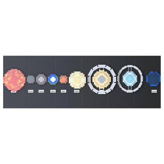 Pixelated circular designs arranged in a row on a black background
