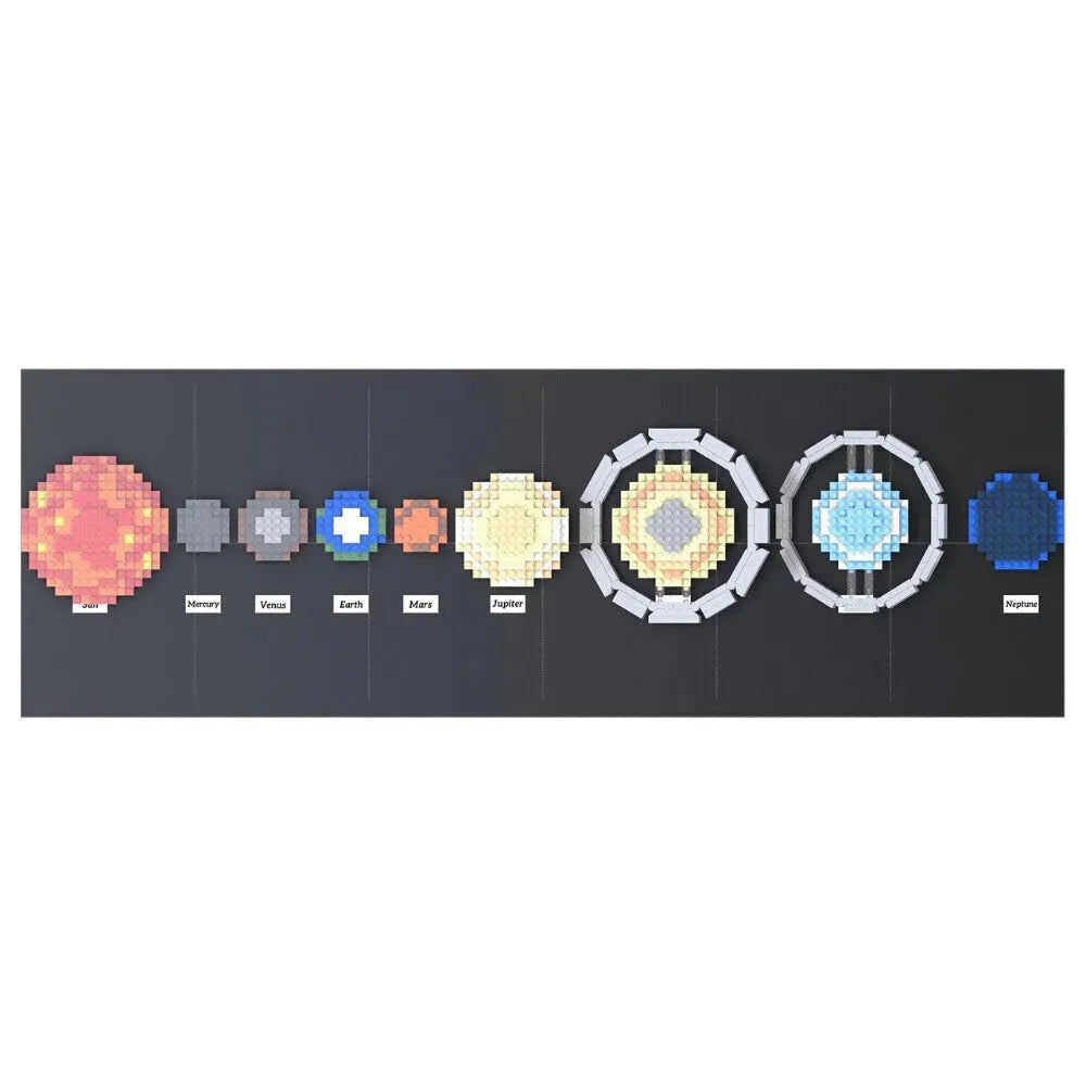 Pixelated circular designs arranged in a row on a black background