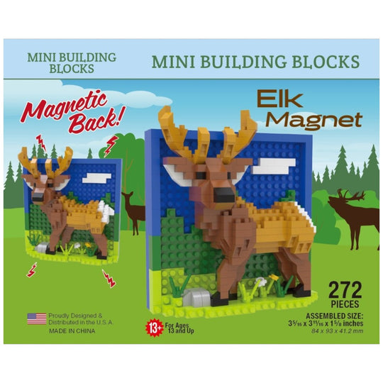 Box front for a mini building blocks set featuring an elk magnet. The packaging shows a assembled pixel-style elk figure in front of a blue and green landscape, with text including &