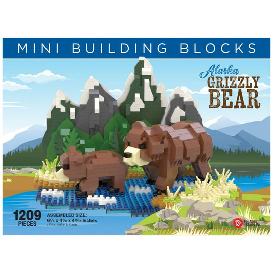 Alaska Grizzly Bear mini building blocks set packaging with bear and cub on a natural landscape background.