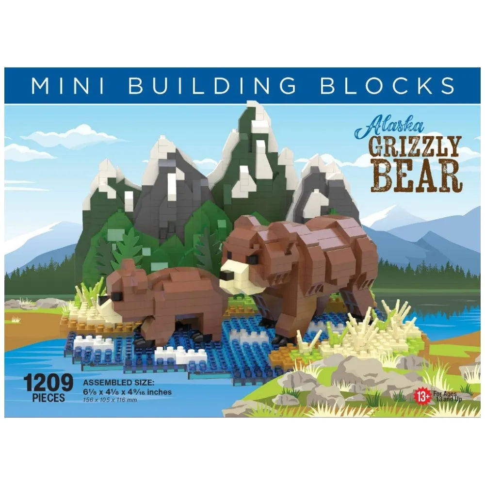 Alaska Grizzly Bear mini building blocks set packaging with bear and cub on a natural landscape background.