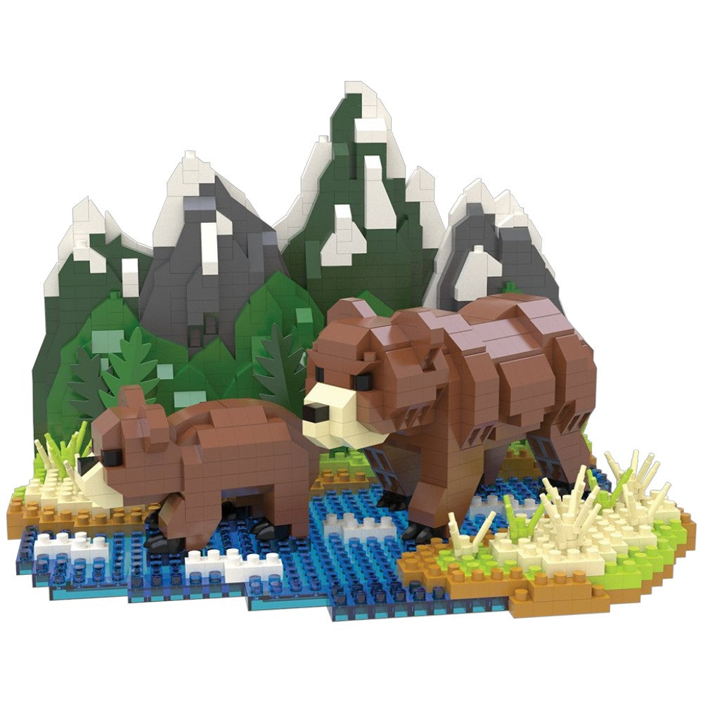 Two bear figures in a LEGO-style natural landscape with mountains and plants.