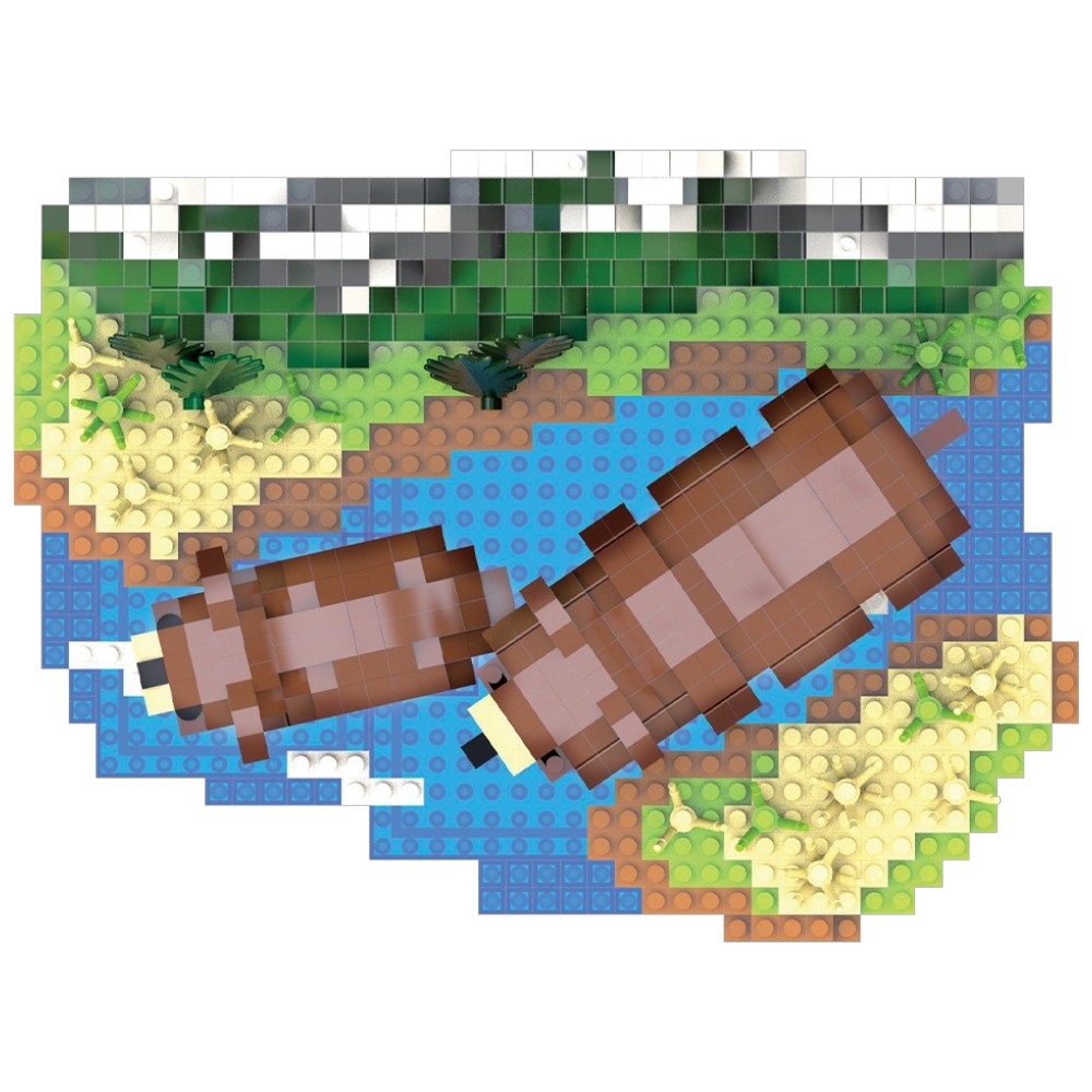 Top view of two bears with grass and sand made of interlocking blocks on a white background
