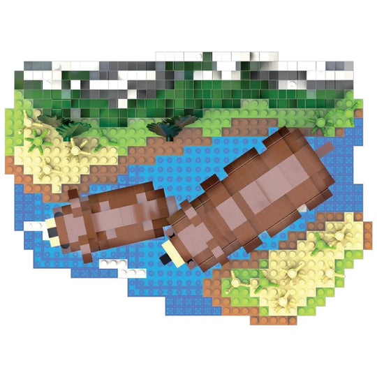 Top view of two bears with grass and sand made of interlocking blocks on a white background