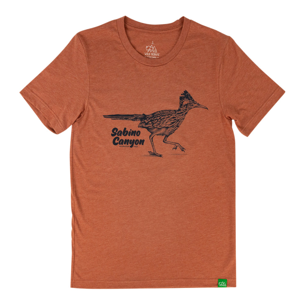 A heathered rust-orange short-sleeve t-shirt with a black graphic of a roadrunner and the text &