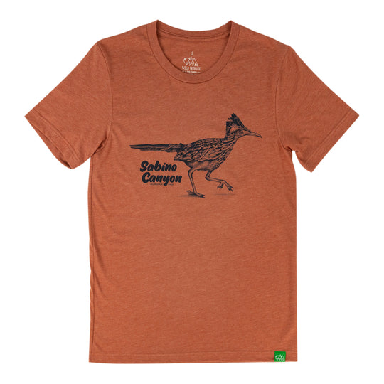 A heathered rust-orange short-sleeve t-shirt with a black graphic of a roadrunner and the text &