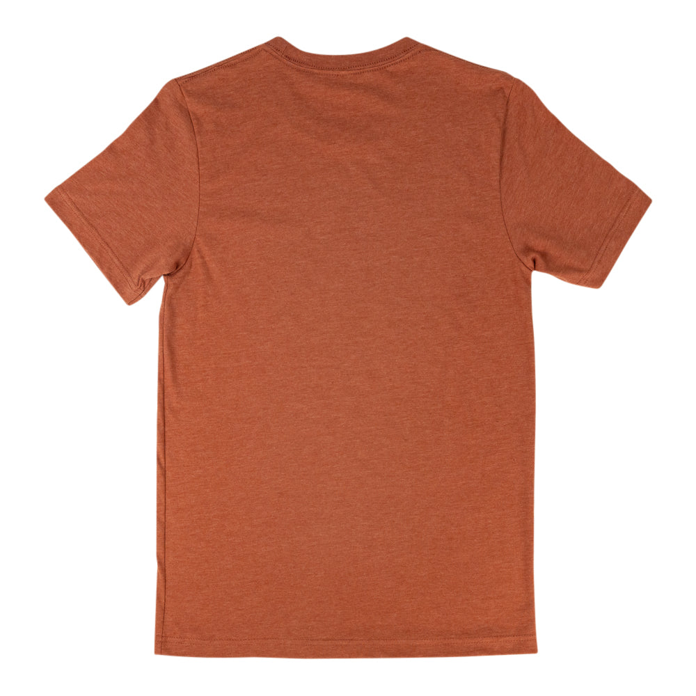 A heathered rust-orange short-sleeve t-shirt shown from the back, laid flat against a solid white background.