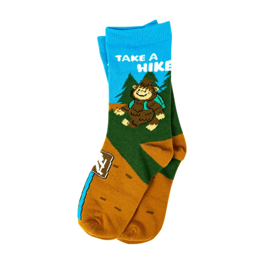 A pair of crew socks with a colorful graphic design. The top cuff is bright blue with the white text &