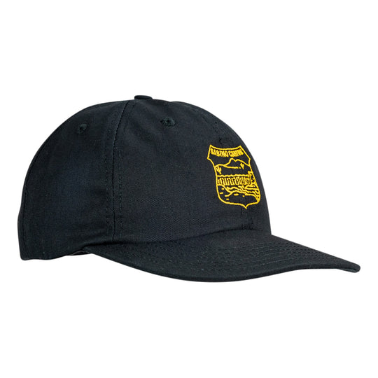 A black baseball cap with a yellow embroidered shield logo on the front, displayed against a solid white background.