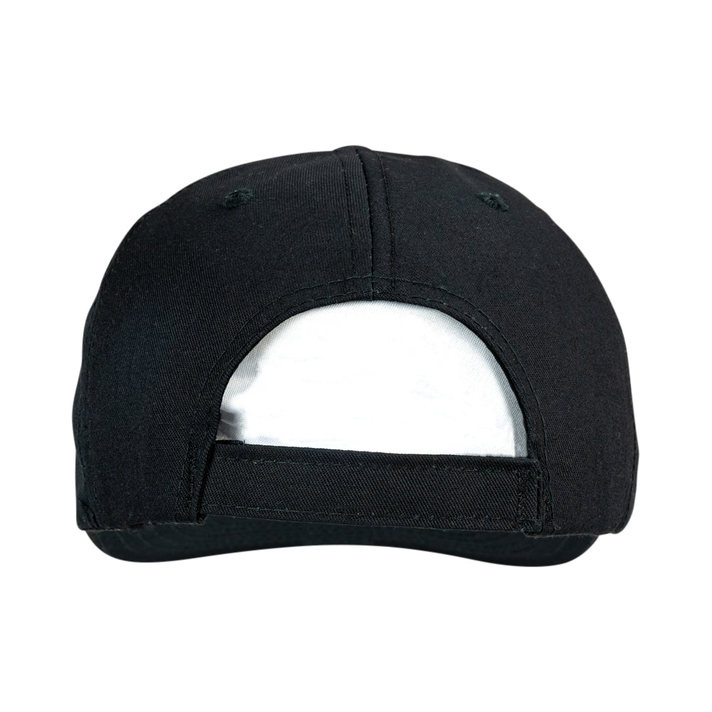 The back view of a black baseball cap on a solid white background.