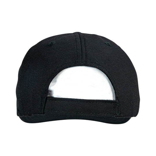 The back view of a black baseball cap on a solid white background.