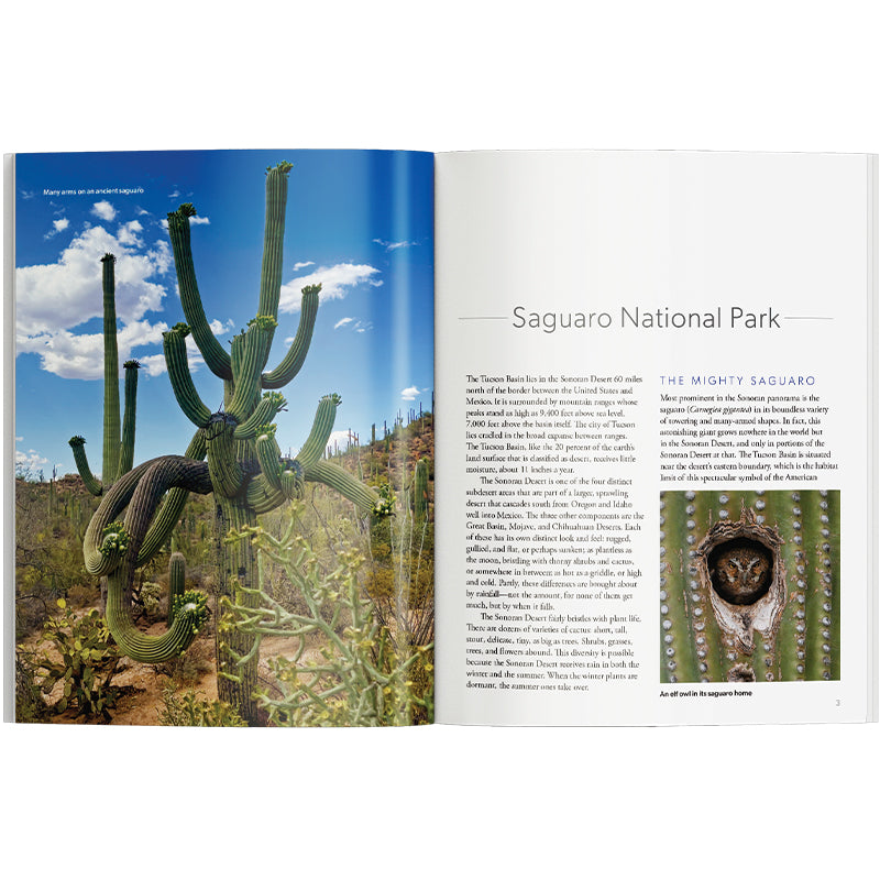 Open book showing a page about Saguaro National Park with cactus images.