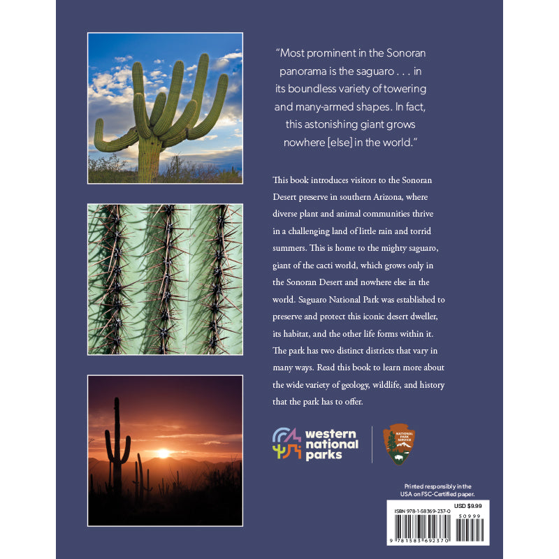 Bookback with saguaro cactus images and text about Sonoran Desert, featuring Western National Parks logos.