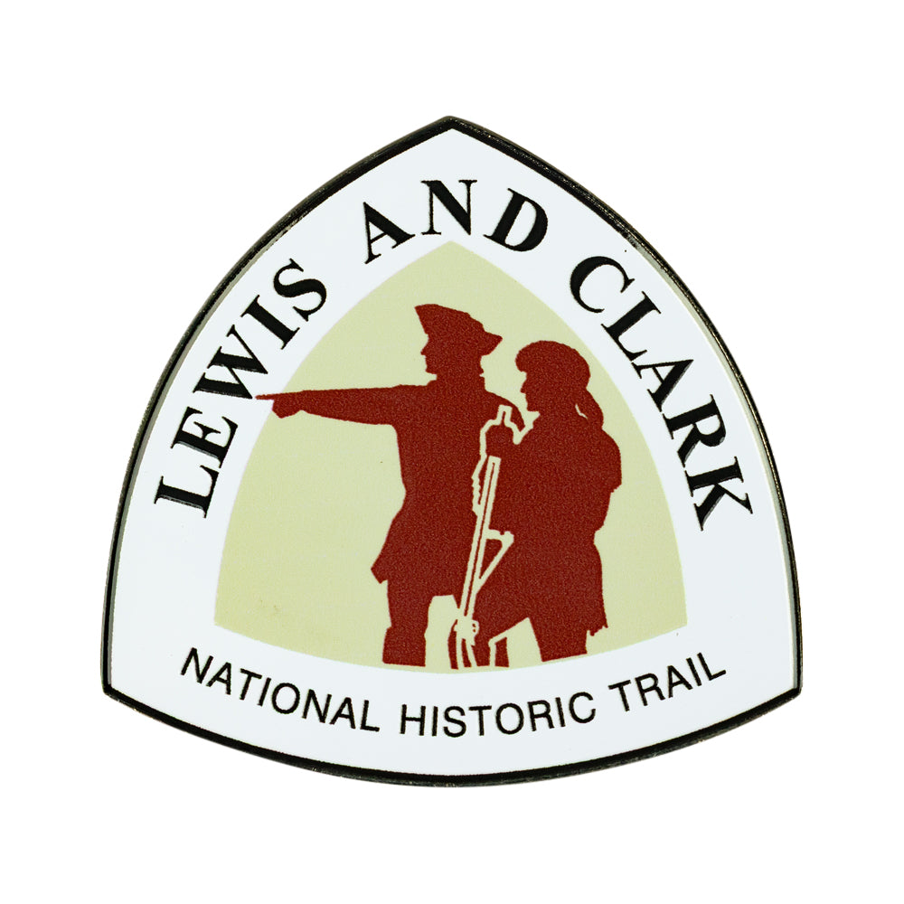 Metal magnet featuring the official trail marker sign from the Lewis &amp; Clark National Historic Trail on a white background.