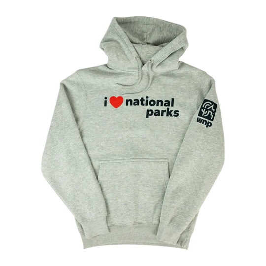 A light heather gray pullover hoodie with a front kangaroo pocket and drawstring hood. The chest features the text &