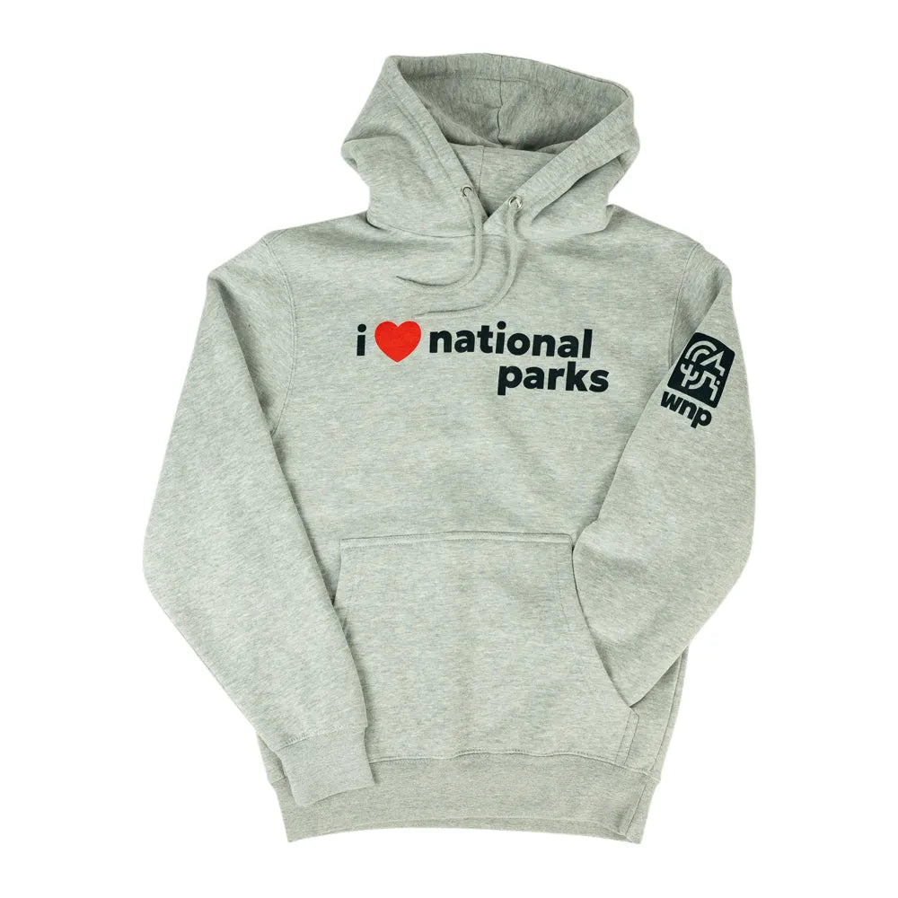A light heather gray pullover hoodie with a front kangaroo pocket and drawstring hood. The chest features the text &